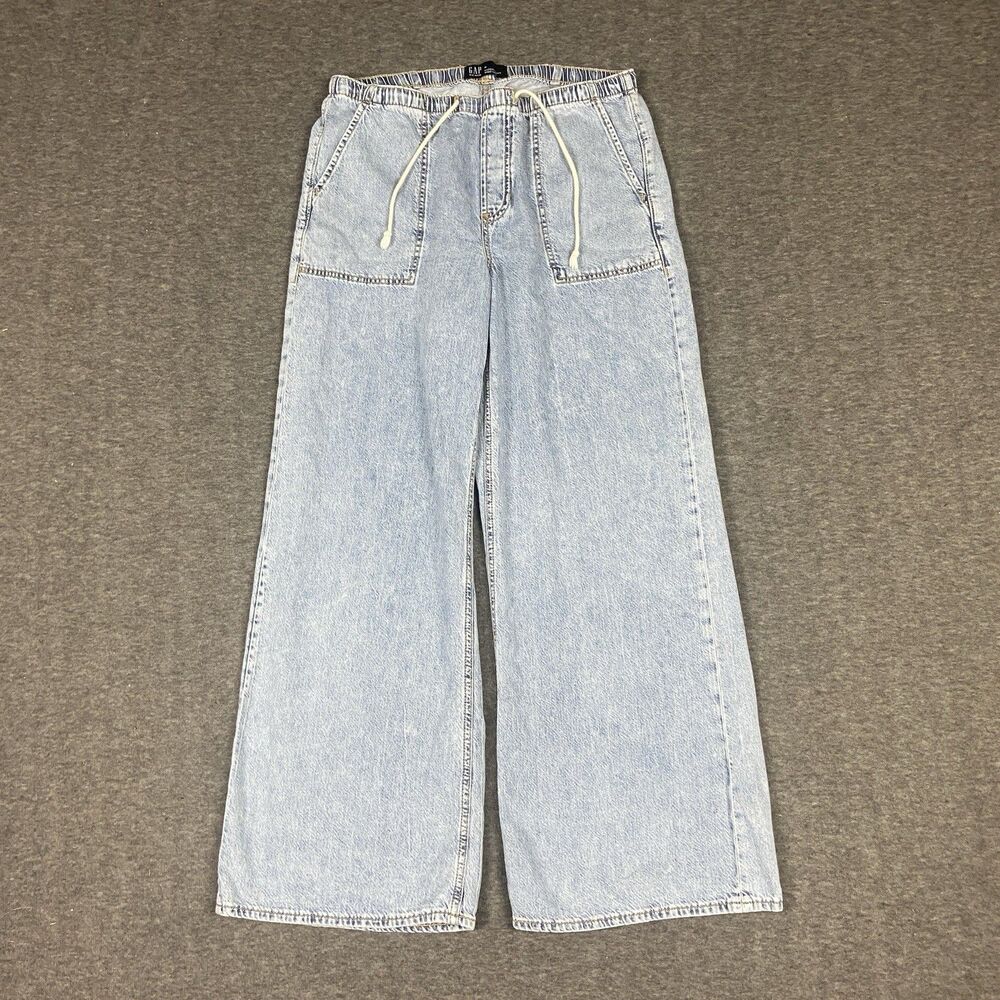 GAP Superlight Wide-Leg Jeans Womens M Light Wash Blue Pull Drawstring Y2KStyle